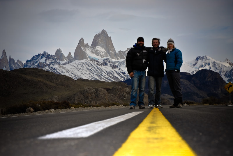 Fitz Roy Road tree guys on the road with cerro fitz roy on the back
