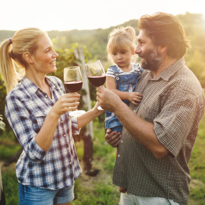 A couple and a toddler enjoying Mendoza's vineyards.