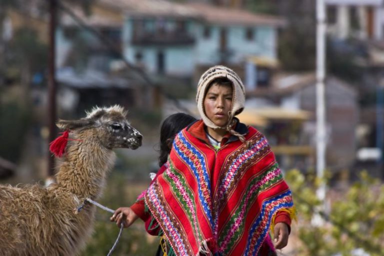 Peru-sacred-valley- a child with a llama in Peru - Sacred Valley