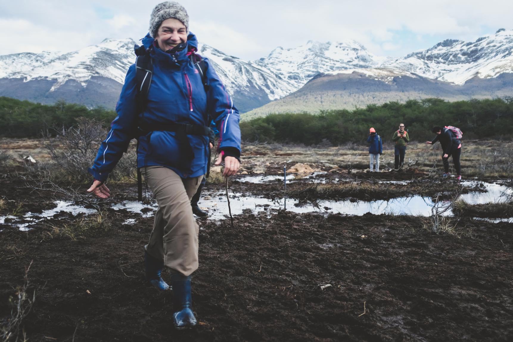 Women trekking to the Esmeralda Lagoon in Ushuaia.