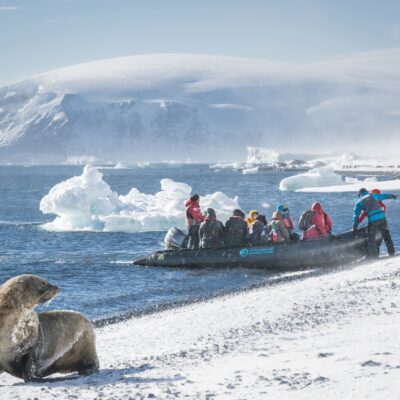 Passengers on a zodiac boat spoting a seal on the white beach.